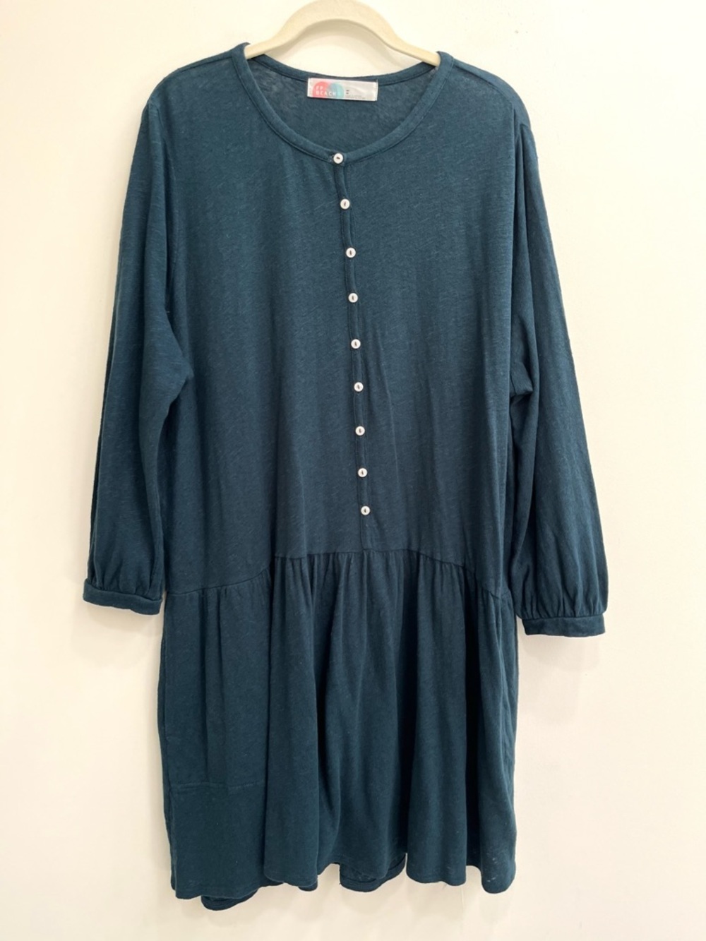 Free People Beach Take Me There Drop Waist Linen Cotton Dress Teal Blue Green M